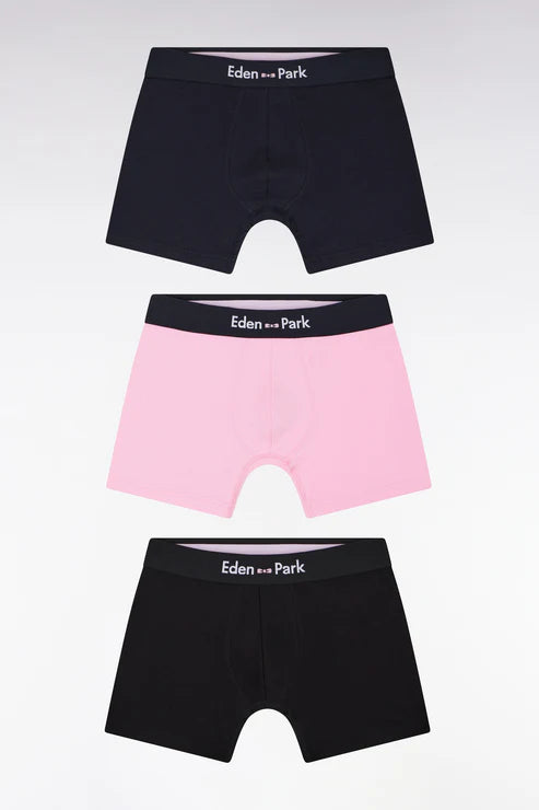 Eden Park - Lot de trois boxers unis noir, marine et rose